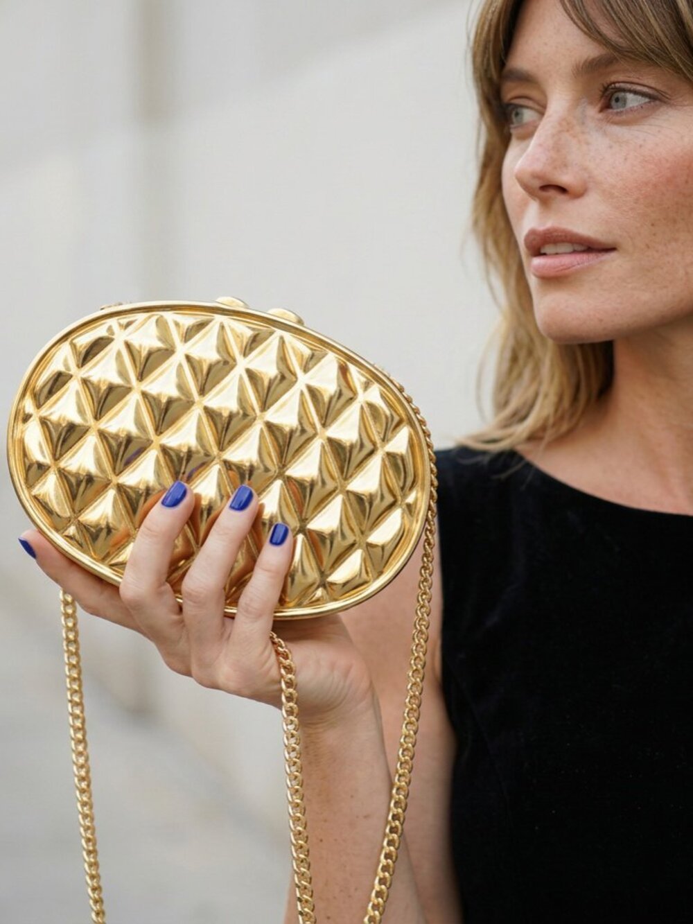Gold Purse Quilted Metal Hard Case Minaudière Vintage Clutch Evening Chain Bag